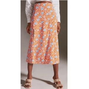 Maeve Orange Floral Midi Skirt with Blue Accents